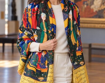 Shahnameh Persian Cotton Shawl – Miniature Art Scarf, Colorful Persian Poetry Wrap, 26 x 67 in, Made in USA