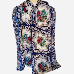 Persian Blue Tile Pattern Flowers Shawl Wrap Scarf Hand kerchief  Cotton Hand made Middle eastern