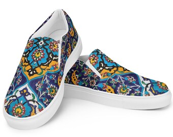 Eslimi Women’s slip-on canvas shoes Persian Tile  Pattern Footwear Middle Eastern style Comfortable Blue