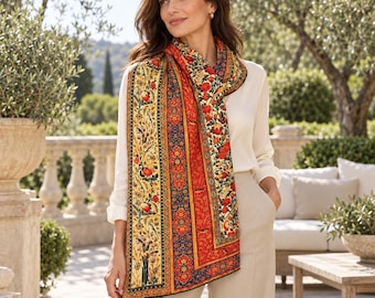 Persian Floral Twill Shawl, Gol o Morgh Bird & Flower Scarf, Persian Art Wrap, 27x75 Inches, Made in USA