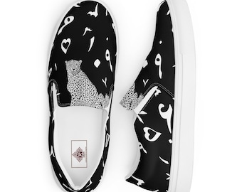 Black and White Slip-On Canvas Shoes with Persian Numerals and Endangered Cheetah Design - Designed in California, USA