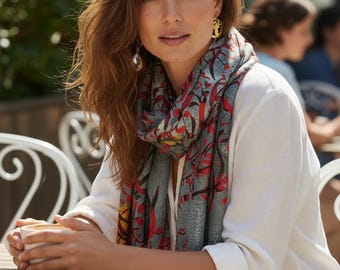 Golestan Rumi Poetry Cotton Shawl, Gray, Red & Blue Persian Calligraphy Scarf, Lightweight Fringed Wrap, Made in USA, Gift for Poetry Lovers