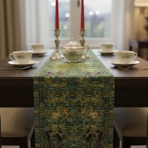 May include: A green table runner with a brick-like pattern and a design featuring winged creatures and figures. The runner is placed on a dark wooden table, complemented by teacups, saucers, and red candles in silver holders.