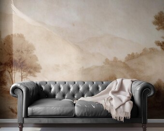 Umbrian Mist Mural: Misty Tuscan Valley - Sepia Ink Wash Art