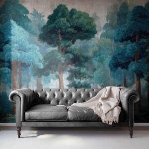 Midnight Spruce Grove Mural, Misty Pine Forest (Teal and Indigo Tapestry)