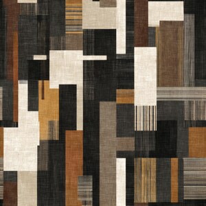 May include: Abstract geometric pattern featuring rectangles and vertical lines in shades of black, brown, beige, and gold. The design has a textured, woven appearance, creating a modern, artistic aesthetic. The pattern is suitable for fabric or wallpaper.