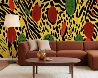 Safari Animal Print Mural - Bold Leopard and Zebra in Bright Yellow