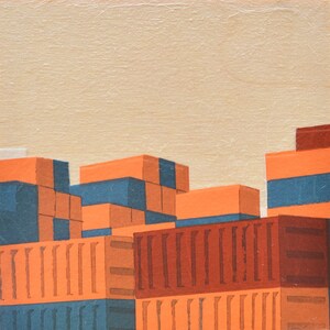 May include: Abstract painting of a city skyline with stacked orange and blue rectangular blocks. The blocks are arranged in a staggered pattern, creating a sense of depth and perspective.