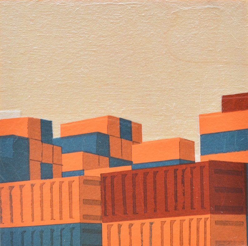 May include: Abstract painting of a city skyline with stacked orange and blue rectangular blocks. The blocks are arranged in a staggered pattern, creating a sense of depth and perspective.