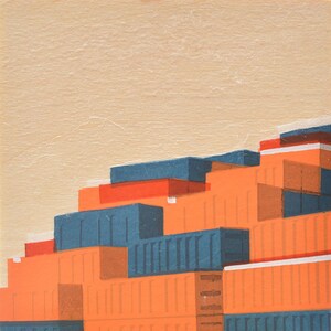 May include: Abstract geometric art print featuring a layered design of orange, red, and blue rectangles. The print has a minimalist style and would look great in a modern home.
