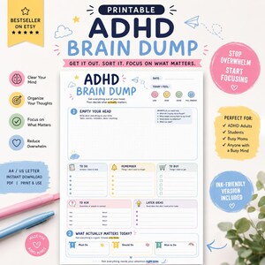 May include: A printable ADHD brain dump planner page featuring sections for empty your head, to do, remember, to buy, to ask, later ideas, and what actually matters today. The document includes date, mood tracker, and prompts for organisation.