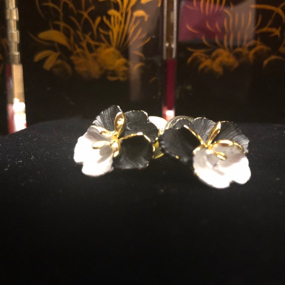 Vintage Goldtone Black and white Orchid pierced e… - image 1