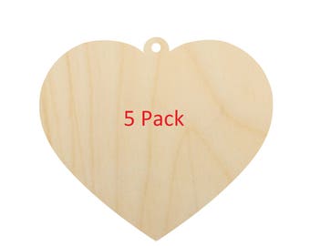 Unfinished heart ornament tags 5 pack, DIY wedding ornament, wooden Christmas ornament, heart shape with a hole, luggage tag, gift tag