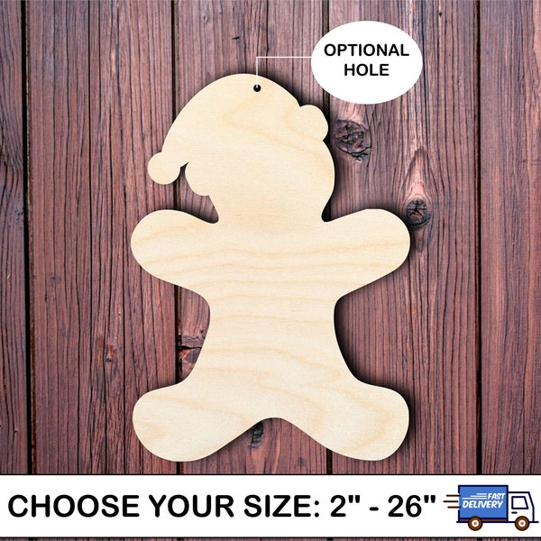 Wooden Gingerbread man in Santa hat, DIY Gingerbread door hanger, Christmas door decoration, Ready to paint gingerbread blank shape