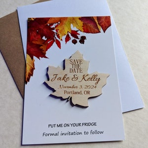 Fall theme Save the date magnet maple leaf shape personalized wooden save the date magnets for wedding rustic invitation fall in love