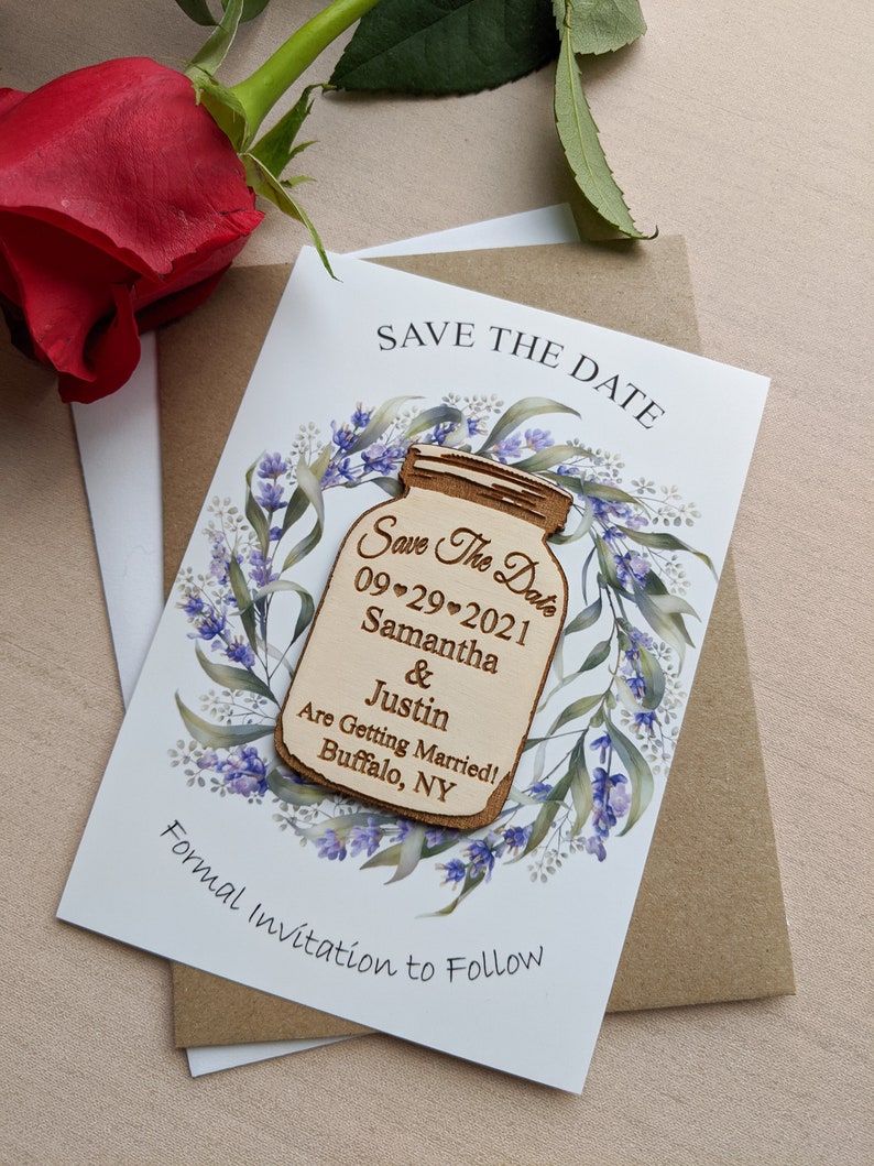 Mason jar save the date Magnet, personalized save the date refrigerator magnet with envelopes and cards, change the date magnet, floral card image 7