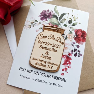 Mason jar save the date Magnet, personalized save the date refrigerator magnet with envelopes and cards, change the date magnet, floral card image 1