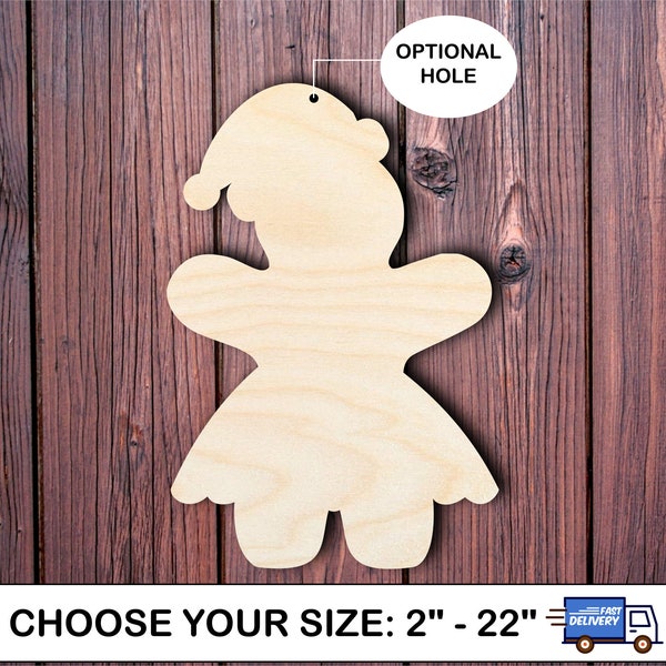 Wooden Gingerbread girl cutout with Santa hat, Christmas DIY shape, DIY gingerbread girl wreath or door hanger