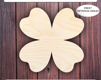 Wooden Shamrock shape cutout 2" - 18" wide, 4 leaf clover without stem, optional holes, Saint Patrick's day, door hanger, paint ready