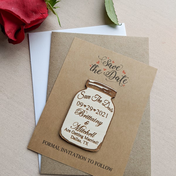 Mason jar save the date magnet with Kraft cards and envelopes, personalized save the date refrigerator magnet, country rustic theme, floral