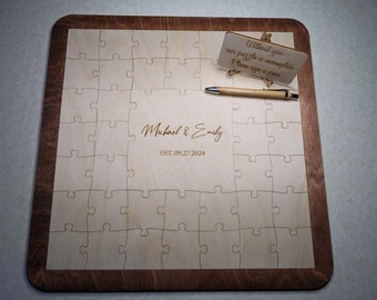 Guest book puzzle for weddings with a frame tray also birthday graduation bridal shower Wooden guest book alternative standard or heart tab