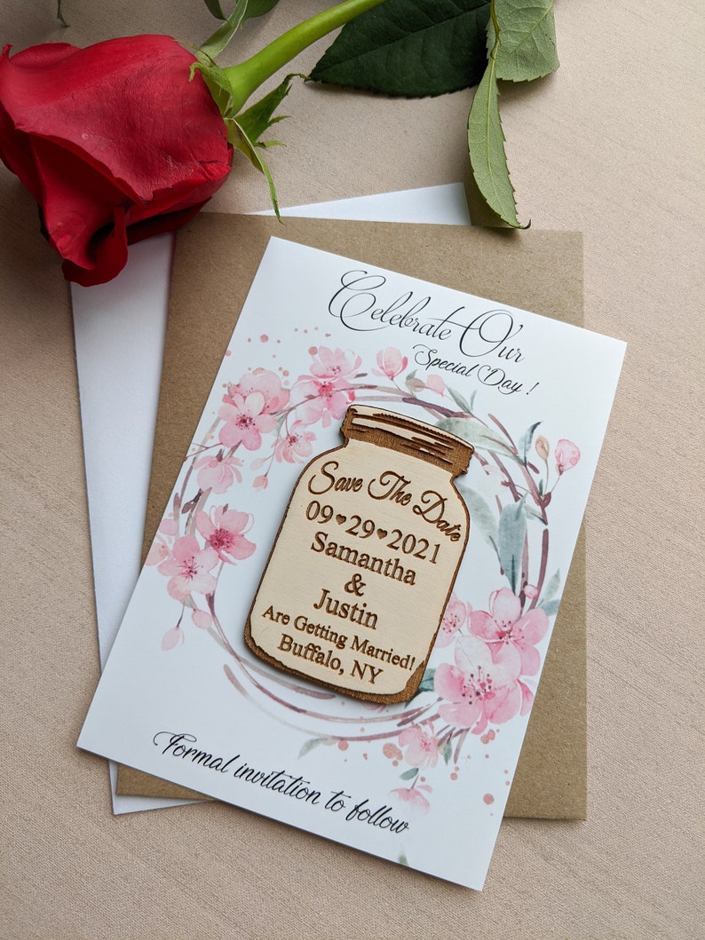 Mason jar save the date Magnet, personalized save the date refrigerator magnet with envelopes and cards, change the date magnet, floral card image 8