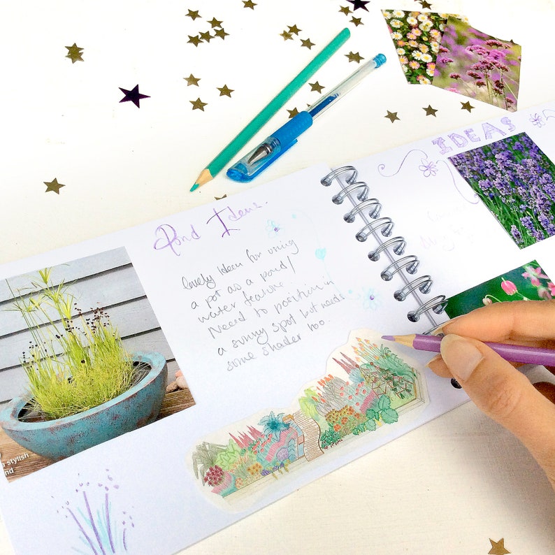 May include: A notebook with a handwritten note about a water feature idea for a garden. The note says "lovely idea for using a pot as a pond! water feature. Need to position in a sunny spot but needs some shade hoo". The notebook has a spiral binding and is open to a page with a photo of a small pond and a drawing of a garden.