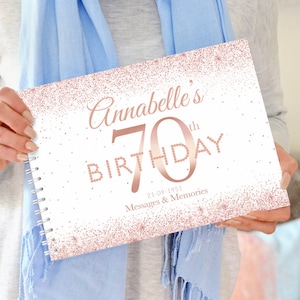 Libro de fiesta de cumpleaños número 70 en oro rosa personalizado, libro de visitas de cumpleaños, libro de cumpleaños en oro rosa, regalo de cumpleaños número 70, álbum de recortes de cumpleaños número 70