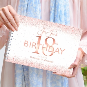Libro de fiesta de cumpleaños número 18 personalizado en oro rosa, libro de visitas de cumpleaños, libro de cumpleaños dorado, regalo de cumpleaños número 18, álbum de recortes de cumpleaños número 18