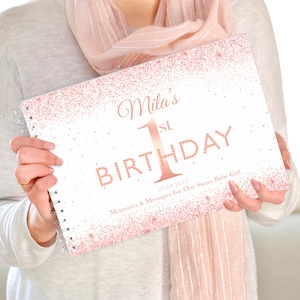 Libro de fiesta de primer cumpleaños personalizado en oro rosa, libro de visitas de cumpleaños, libro de cumpleaños en oro rosa, regalo de primer cumpleaños, álbum de recortes de primer cumpleaños
