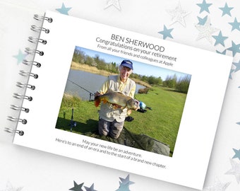 May include: A white card with a photo of a man holding a fish. The card says "Ben Sherwood Congratulations on your retirement From all your friends and colleagues at Apple Here's to an end of an era and to the start of a brand new chapter. May your new life be an adventure."