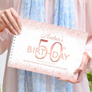 Libro de fiesta de cumpleaños número 50 en oro rosa personalizado, libro de visitas de cumpleaños, libro de cumpleaños en oro rosa, regalo de cumpleaños número 50, álbum de recortes de cumpleaños número 50