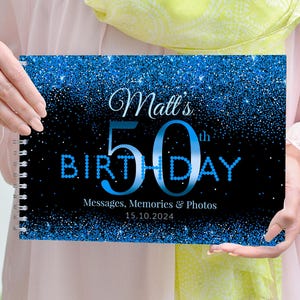 Libro de fiesta de cumpleaños número 50 personalizado en azul y negro, libro de visitas de cumpleaños, libro azul brillante, regalo de cumpleaños número 50, álbum de recortes de fiesta de cumpleaños número 50