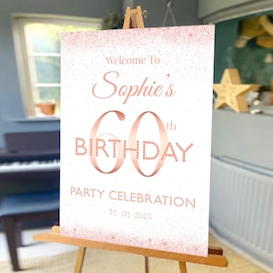 Panneau personnalisé de fête d'anniversaire en or rose du 60e anniversaire, panneau de bienvenue d'anniversaire, panneau de fête d'anniversaire, cadeau 60e anniversaire, panneau 60e anniversaire
