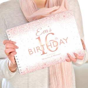 Libro personalizado de fiesta de cumpleaños de oro rosa número 16, libro de visitas de cumpleaños, libro de cumpleaños de oro rosa, regalo de cumpleaños número 16, álbum de recortes de cumpleaños número 16