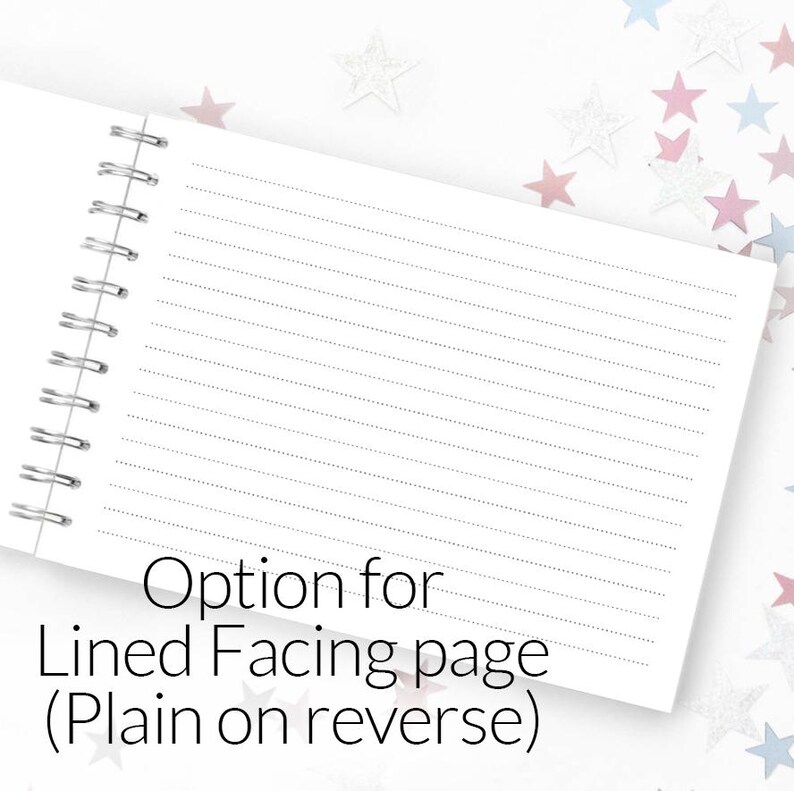 May include: A white notebook with a spiral binding. The notebook has lined pages and the text "Option for Lined Facing page (Plain on reverse)" is printed on the bottom of the page.