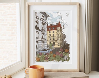 Drawing “Kaiserplatz” in Munich Schwabing | DIN A4 - 350g matte paper - high-quality digital printing | also available in black and white