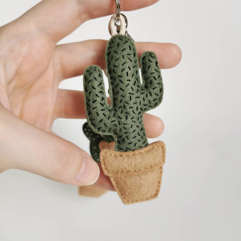 Keychains cactus pot embroidered olive green and camel felt handmade Saguaro cactus