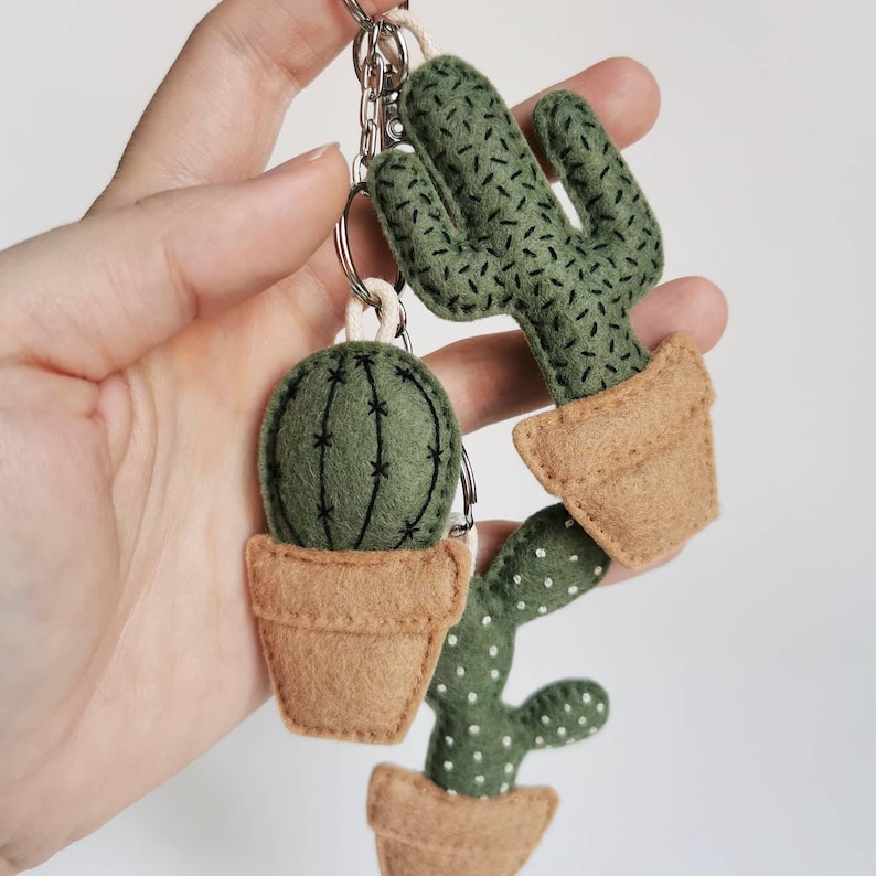 Keychains cactus pot embroidered olive green and camel felt handmade Set of 3 cactus