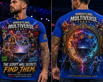レスリング・マルチバースTシャツ：80年代、ルチャリブレ、アティテュード・エラ、未来的なレスリングデザイン