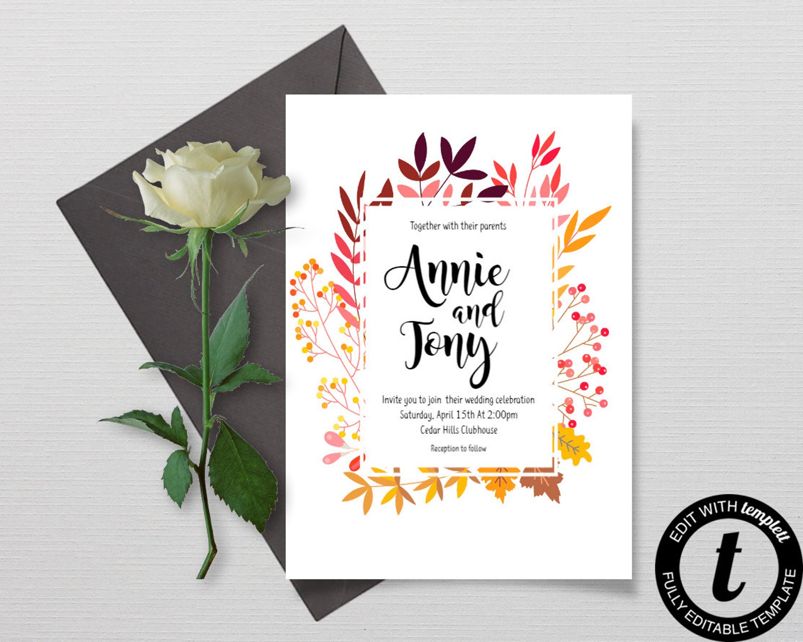 Fall Floral Wedding Invitation, Rustic Fall Wedding Invitation, Custom