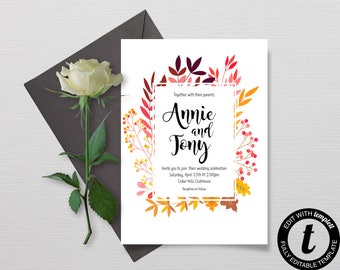 Fall Floral Wedding Invitation, Rustic Fall Wedding Invitation, Custom Fall, Digital File DIY, Fall leaves