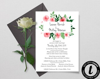 Modern Floral Wedding Invitation, Printable Red Rose Wedding Invitation Set, Instant Download, Printable Invitations, Editable Invitations