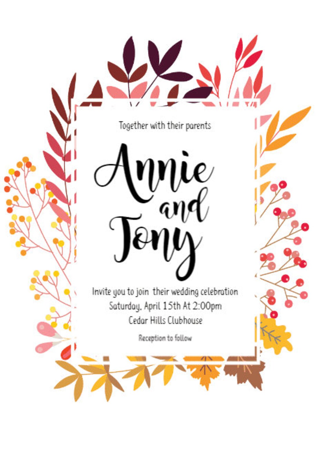 Fall Floral Wedding Invitation, Rustic Fall Wedding Invitation, Custom