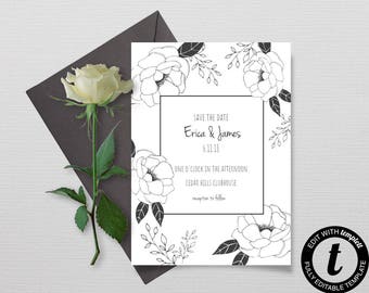 Modern Save The Date Template, Floral DIY Save The Date Card, Printable Card, Instant Download Save the Date Invite Template,