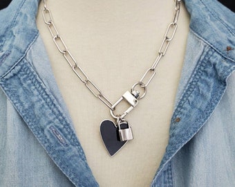 SILVER Paperclip Necklace, Black Enamel Heart Charm Necklace, White Heart Lock Necklace, Silver Carabiner Necklace, Lock Charm Necklace