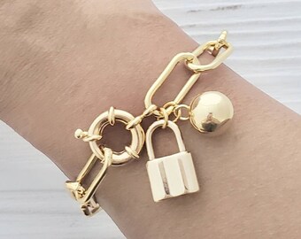 Gold Paperclip Charm Bracelet, Ball & Lock Charm Bracelet, Gold Paperclip Chain, Stacking Bracelet, Padlock, Classic Minimalist