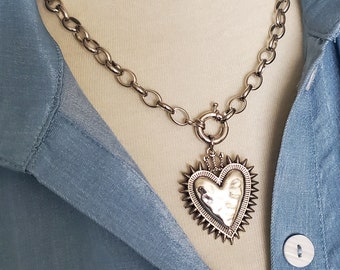 Large Silver Spiked Heart Pendant Necklace, Gothic Heart Charm,  Stainless Steel Chain Necklace, Boho Style Necklace, Gift for Her