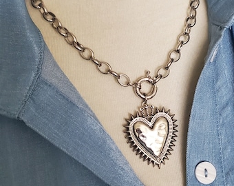 Large Silver Spiked Heart Pendant Necklace, Gothic Heart Charm,  Stainless Steel Chain Necklace, Boho Style Necklace, Gift for Her