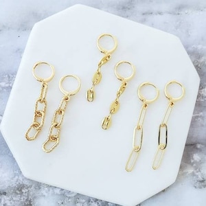 Gold Chain Link Huggies, Hoop Earrings, Paperclip Chain, Button Puff, Mariner Textured Oval Chain, Dangle Earrings, Minimal, Trendy, Dainty